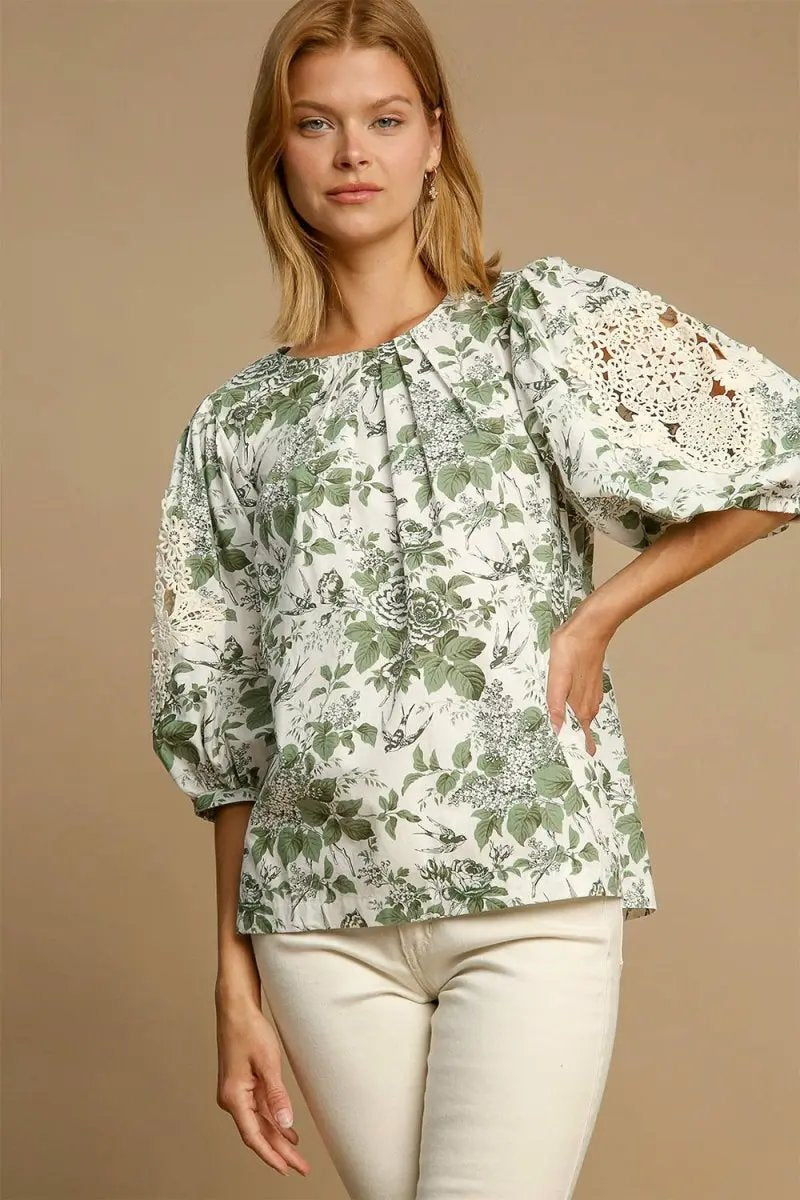 Umgee Floral Pleated Detail Lace Trim Sleeve Blouse for Women - Love Salve
